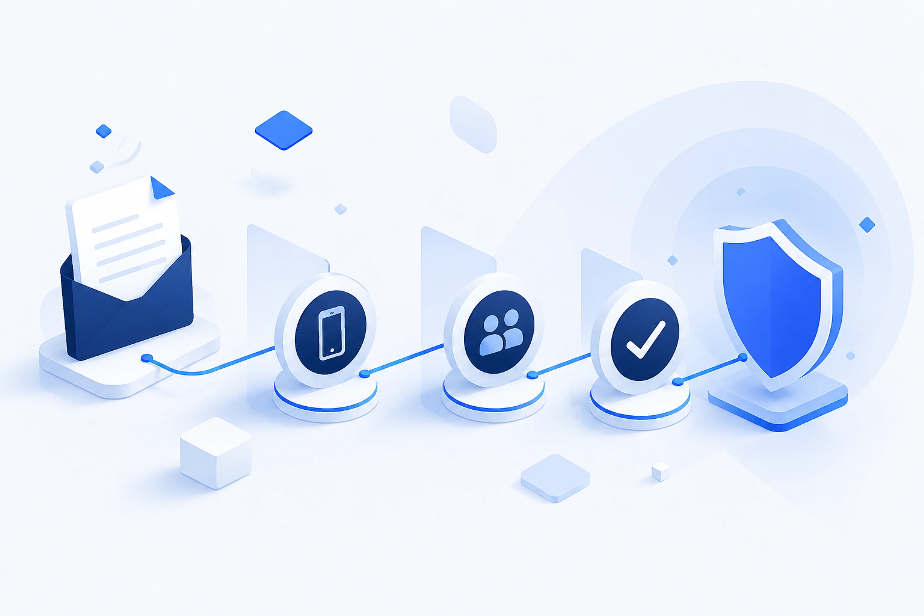 Illustration: a payment instruction travels from an email envelope through callback verification and separated approval to a verified shield